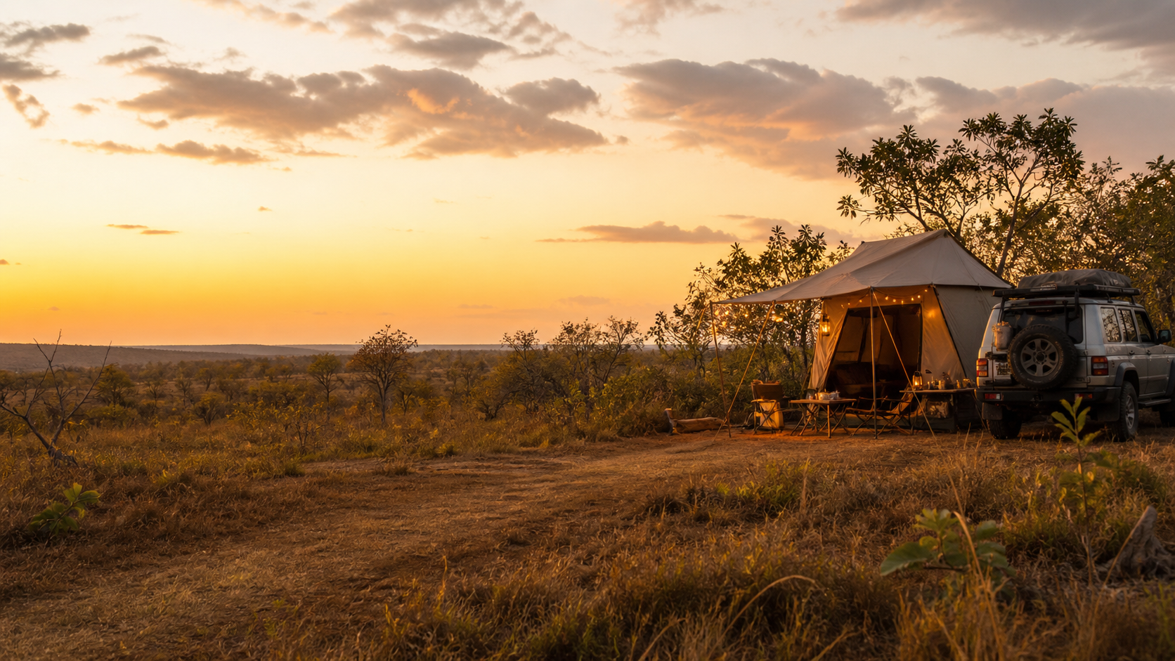 Acampamento no cerrado ao pôr do sol, com barraca e veículo preparados para a noite